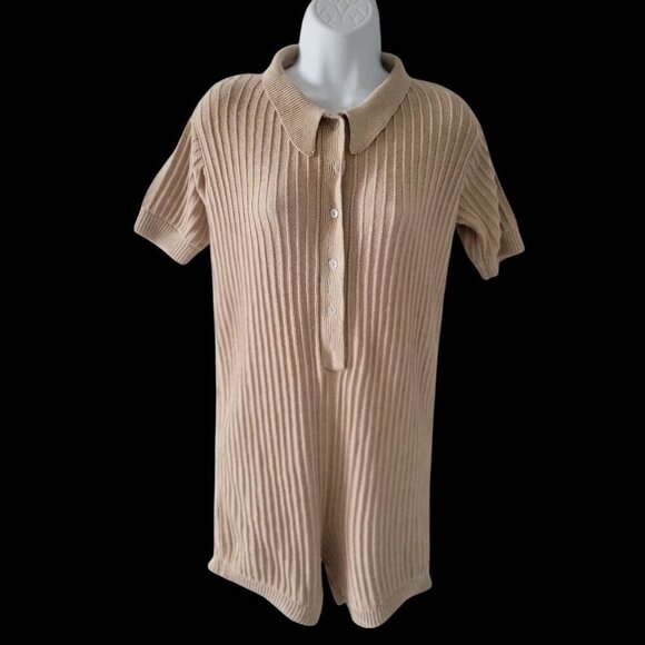 Rue Stiic Ribbed Knit Short-Sleeve Button-Up Beige Romper With Collar/ M - Picture 2 of 9